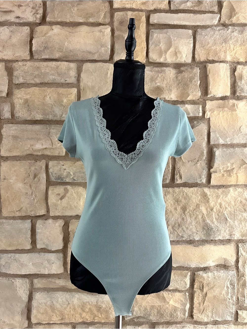 Forever 21 Sage Green Lace-Trim V-Neck Short Sleeve Bodysuit